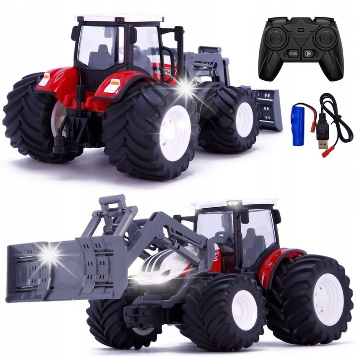 Tractor pe telecomanda 1:24, lumini, roti din cauciuc, dimensiuni 26x15x12cm, set complet