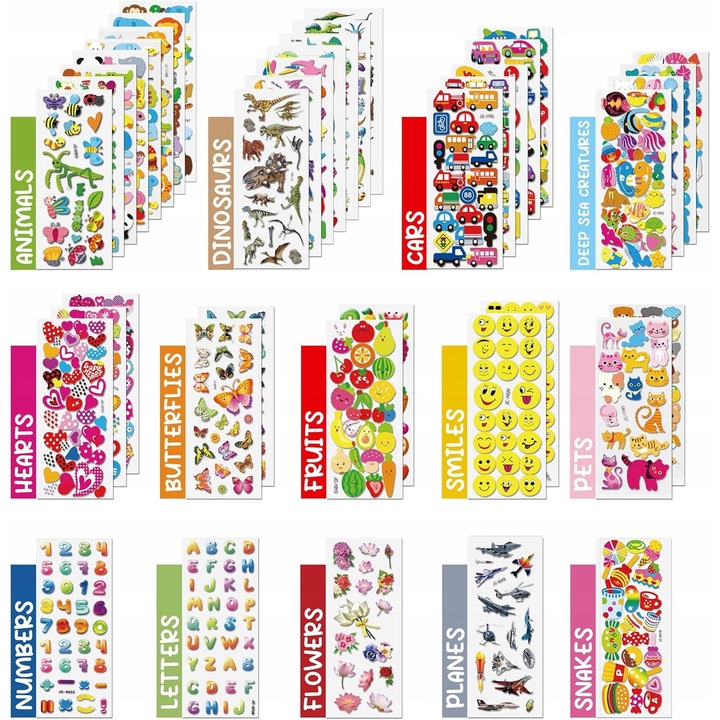 Set de Stickere 3D, 56 Foi, Motive Diverse, Autocolante, Sigur pentru Copii, Multicolor