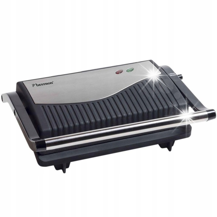Grill electric Bestron, model APG150, 750W, negru-argintiu, dimensiuni 26,8x21,6x8,5cm, placi 22,5x14cm