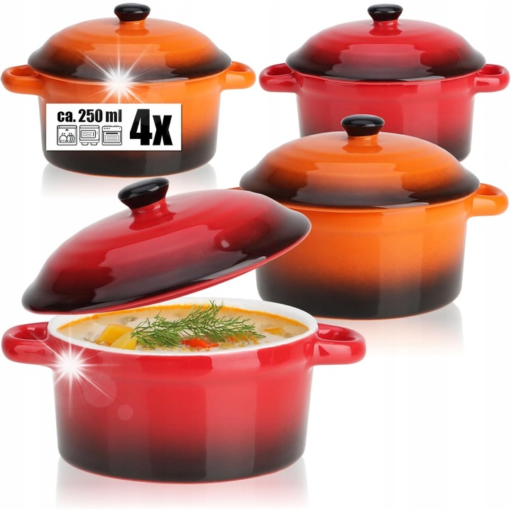 Set 4 tavi ceramice rezistente la caldura pentru deserturi, ideale pentru crema brulee, tapas, dimensiuni 14x10,5x8,5cm, capacitate 250ml