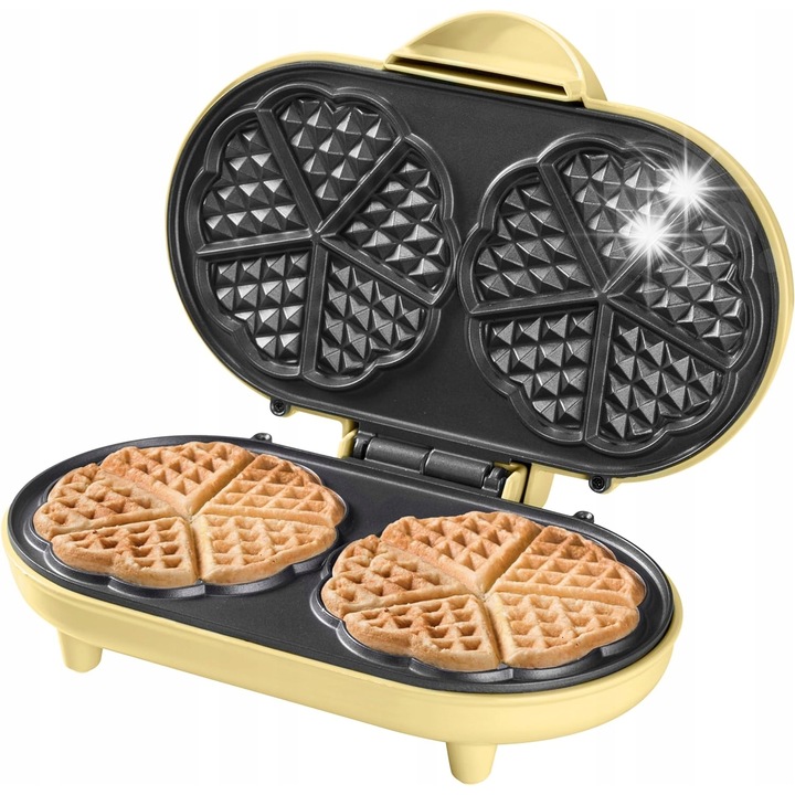 Gofronica Bestron Sweet Dreams, dubla, 10 gofre in forma de inima, galbena, 32,4x11,8x24,2cm