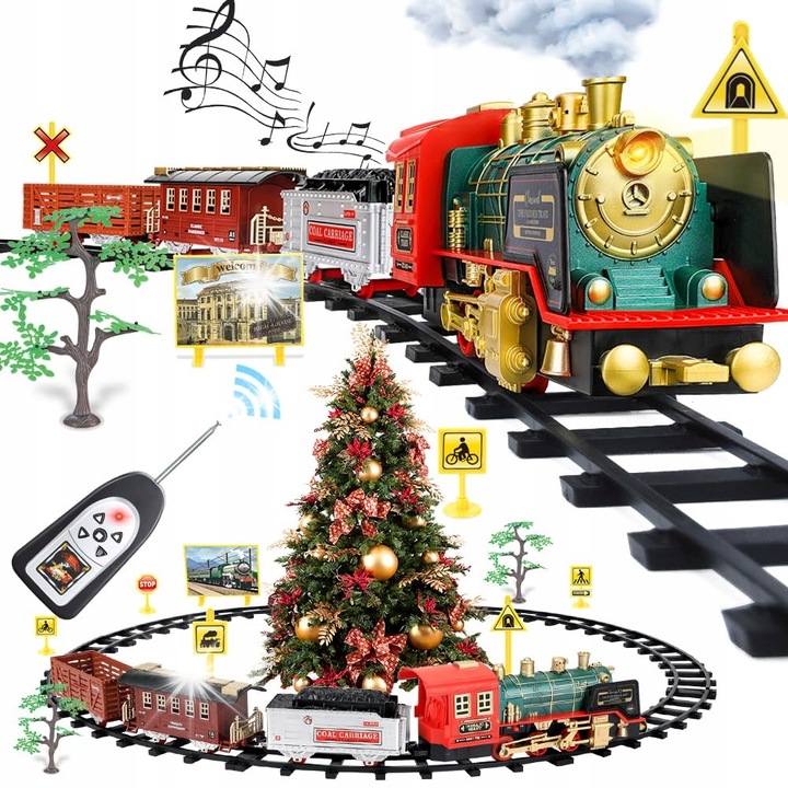Set tren electric cu locomotiva si vagoane, sunete realiste, 8x curbe, 6x drepte, 2x semne, 2x copaci, 1x telecomanda, multicolor