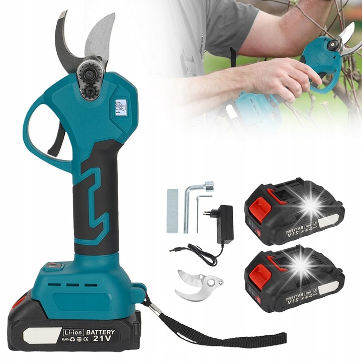 Foarfeca electrica pentru taierea ramurilor, 25 mm, acumulator 1300 mAh, albastra, set complet