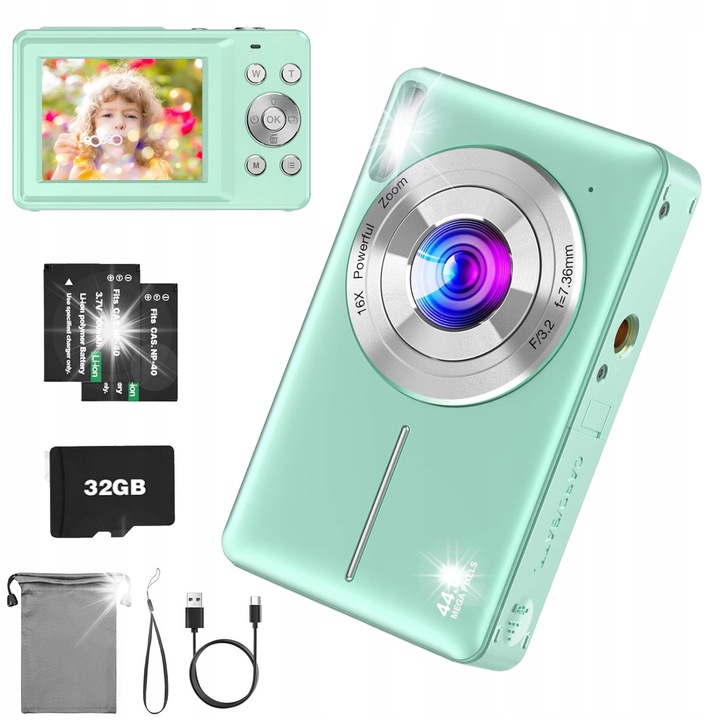 Aparat foto digital pentru copii, 44 MP, Full HD, set cu card 32GB, verde