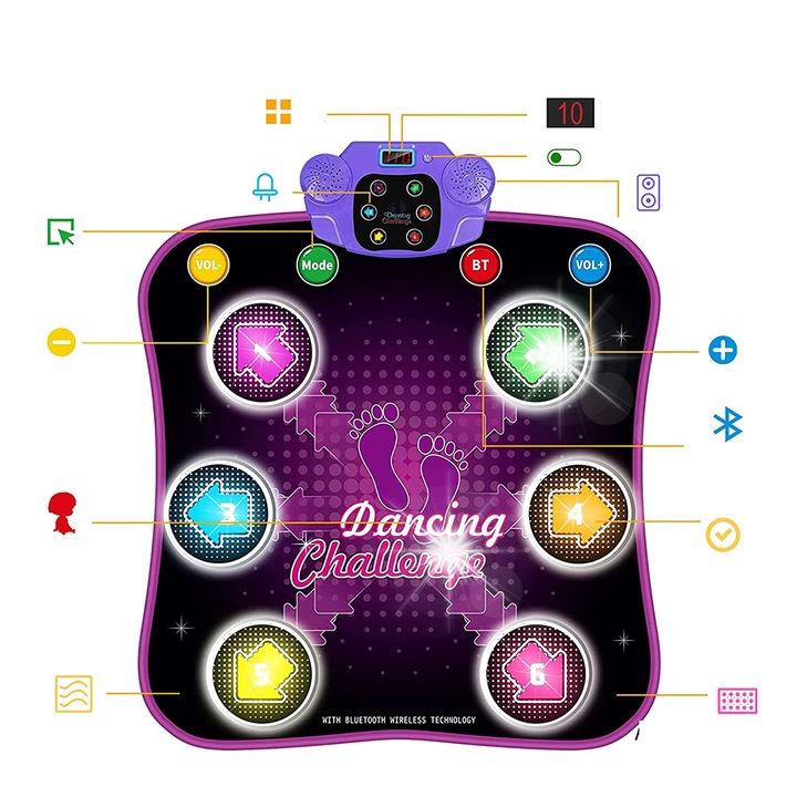 Covor de dans interactiva, 6 sageti, Bluetooth, negru-violet, 79x90cm