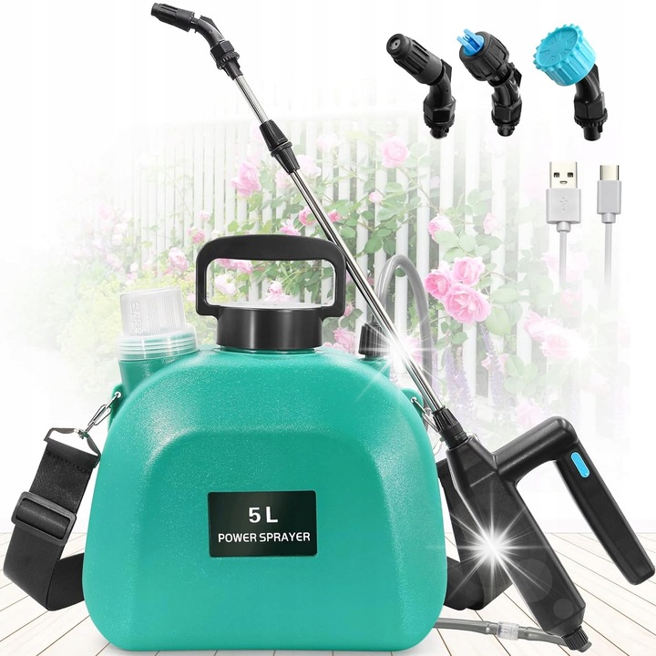 Spray electric pentru gradina, 5L, 3 duze, verde, acumulator 7,4V