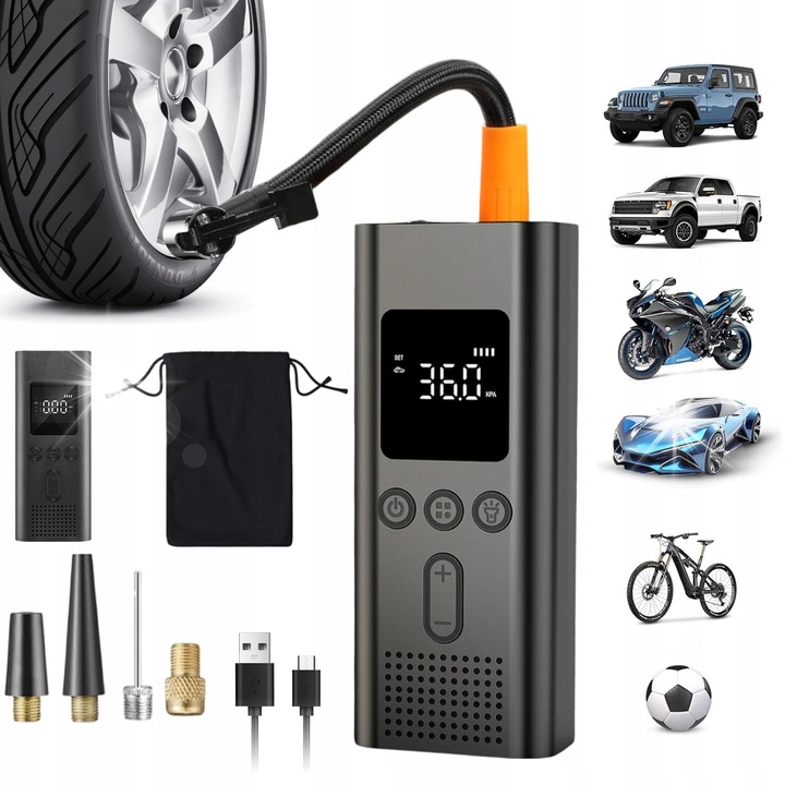 Pompa de umflat electrica portabila, 150 PSI, acumulator 4000 mAh, neagra, 16x6,5x4,4 cm, set cu accesorii