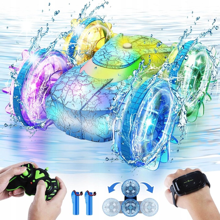 Masinuta amfibie, 2 moduri de control, iluminare LED, albastra, 15x16x9cm