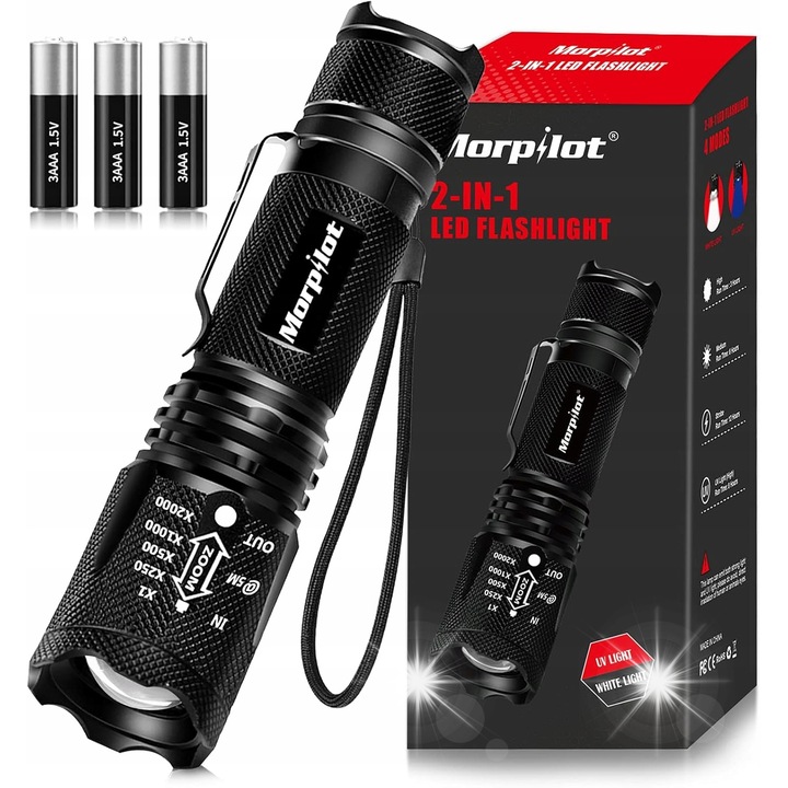 LED фенер 2 в 1, 500 лумена, водоустойчив, 4 режима, 13x3,56x3,56см