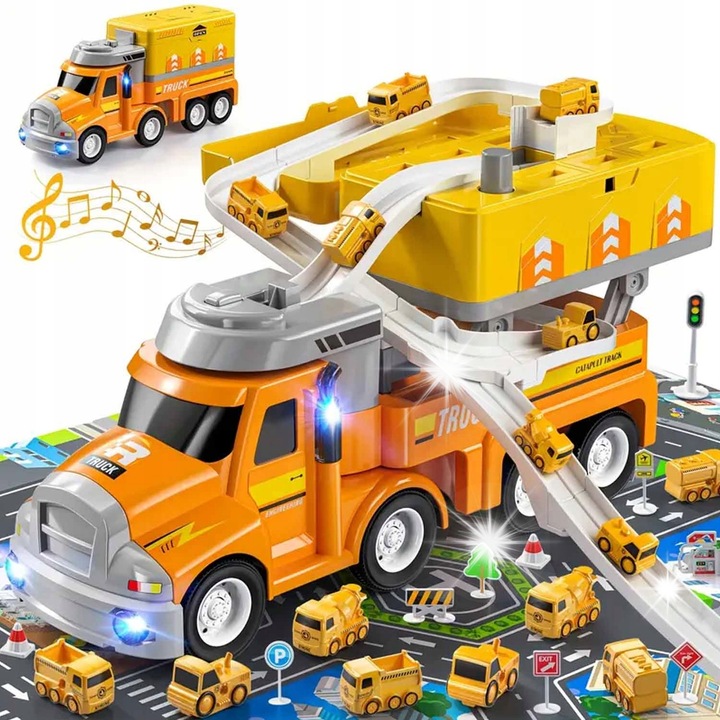 Set masinute de constructie, 8 vehicule, transportor mare, galben, 33x11x15,5cm