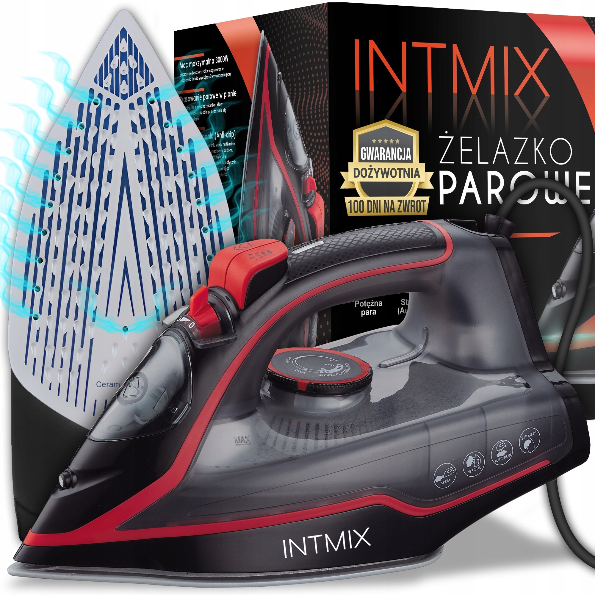 Fier de calcat cu abur INTMIX 3000W, ceramica, 9 in 1, functie anti-drip, 140g/min