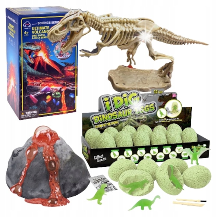 Set 12 oua cu Dinozauri Stralucitori, Vulcan, Jocuri Educative pentru Copii, Dimensiune Vulcan 16x11x9cm, Jaja 7x4.5cm