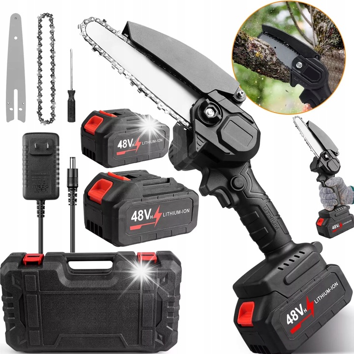 Pila electrica cu lant 6" cu 2 acumulatori 48V, 850W, set complet, neagra