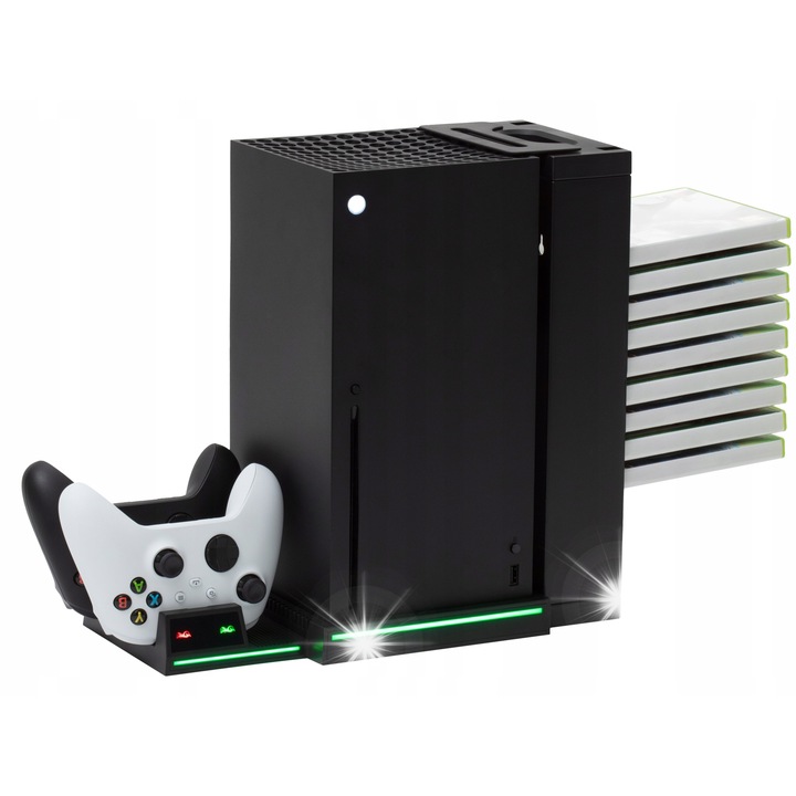 Incarcator si suport de racire pentru Xbox Series X, cu LED-uri, set cu 2 baterii