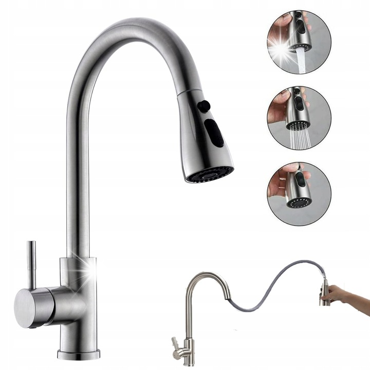 Baterie bucatarie cu duza retractabila, 3 moduri, 360°, inox, 25,5x40cm, set complet