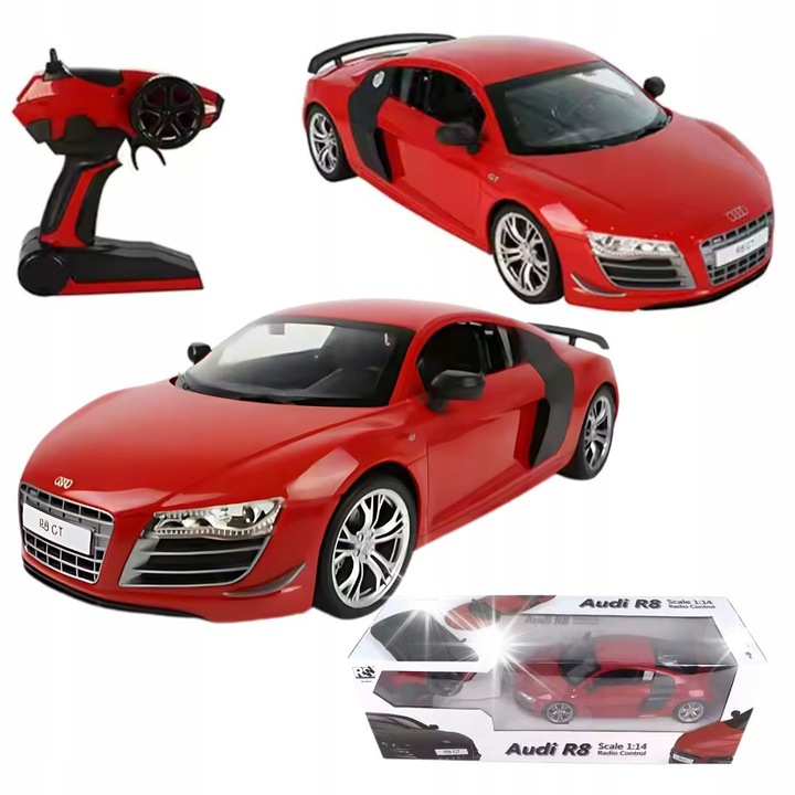 Masinuta zdalnica Audi R8 GT, 1:14, LED, 32x13,5x10cm, set cu acumulator si cablu USB