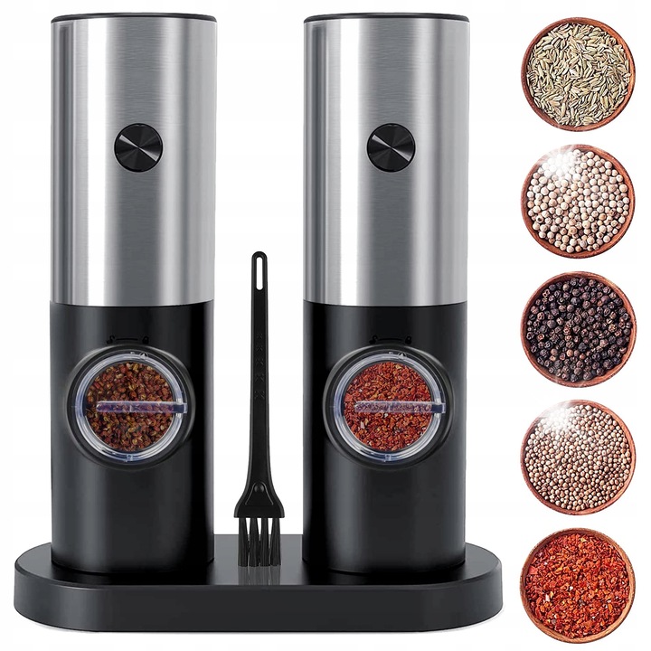 Macinator electric de sare si piper, set 2 in 1, capacitate 70ml, material inoxidabil, dimensiuni 165x73x225mm