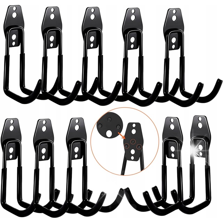 Set 10 db garázskampó, rendszerező, fekete, egyszerű szerelés