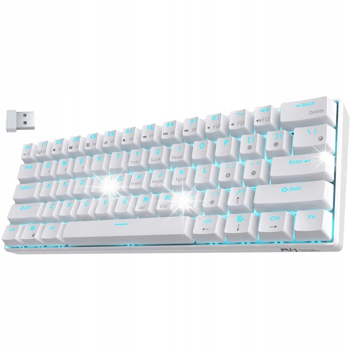 Tastatura mecanica Royal Kludge RK61, 61 taste, switch-uri rosii, iluminare RGB, alb, conectivitate wireless 2.4G/Bluetooth