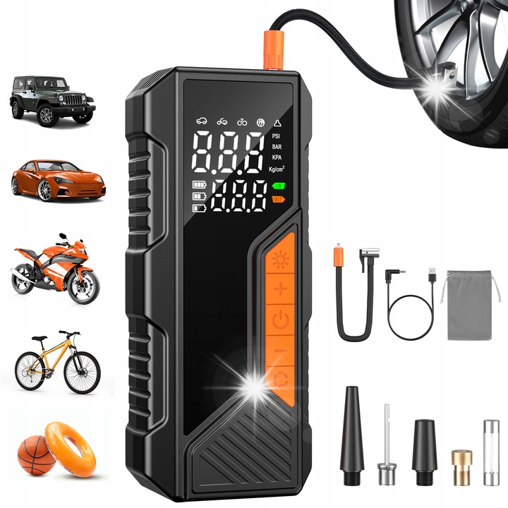 Преносима въздушна помпа за велосипеди, 150 PSI, LED, безжична, черна, 6,85x4,02x3,11 инча
