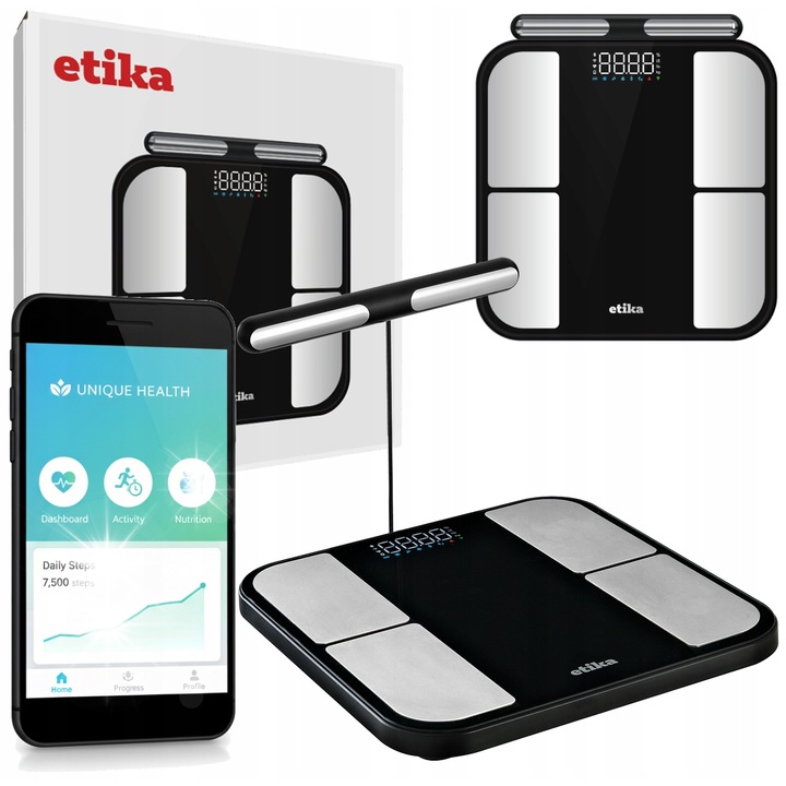 Аналитичен кантар за баня Etika, 56 параметъра, черен, 33.4x30x3.5см