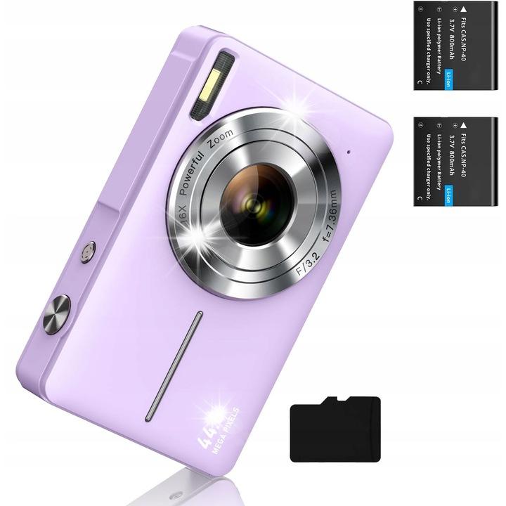 Aparat digital mini HD 1080P 44MP 16x zoom, violet, 94x58,5x23,5mm, set complet cu accesorii