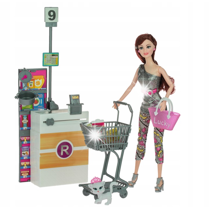 Babakészlet szupermarket kocsi és kiegészítőkkel, többszínű