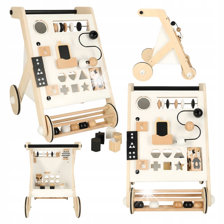Babajáró, manipulációs táblával és 6 blokkal, fa, 32x49x34cm