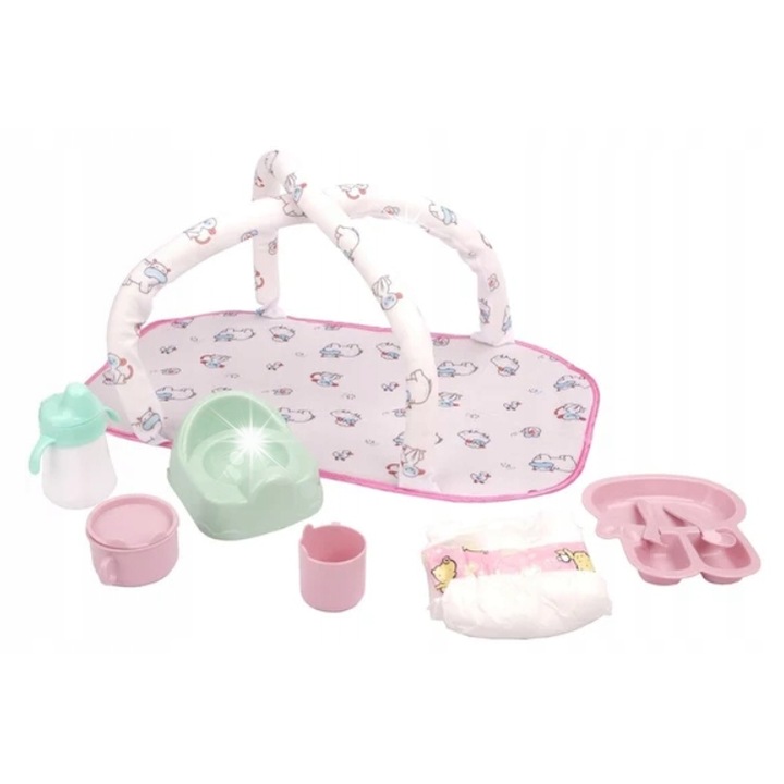 Set interactiv de papusi, 33cm, cu accesorii, patut, olita, par pentru coafat, multicolor