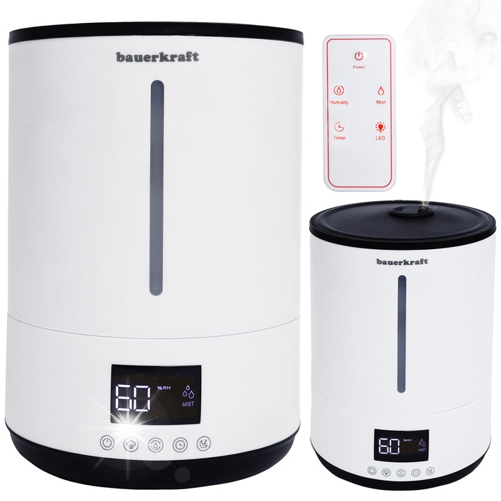 Овлажнител с деминерализиращ филтър, bauerkraft, 4,0L, 220V, 35dB, комплект с дистанционно управление и инструкции