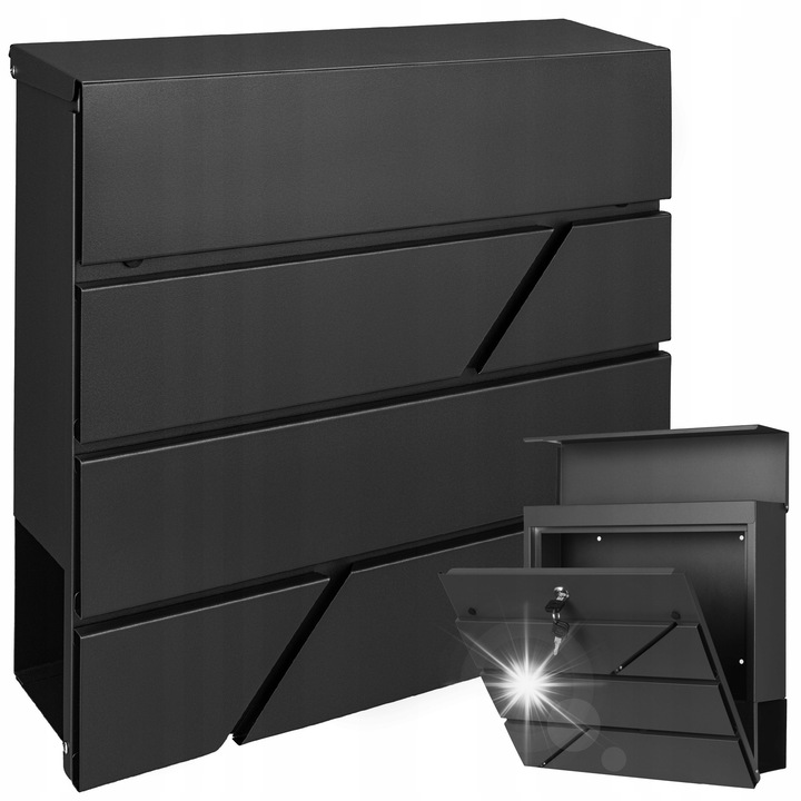 Skrzynka postala mare pentru scrisori, ziare, pliante A4, neagra, 10x36,5x36,2cm, cu 2 chei, tuba pentru ziare, montaj inclus