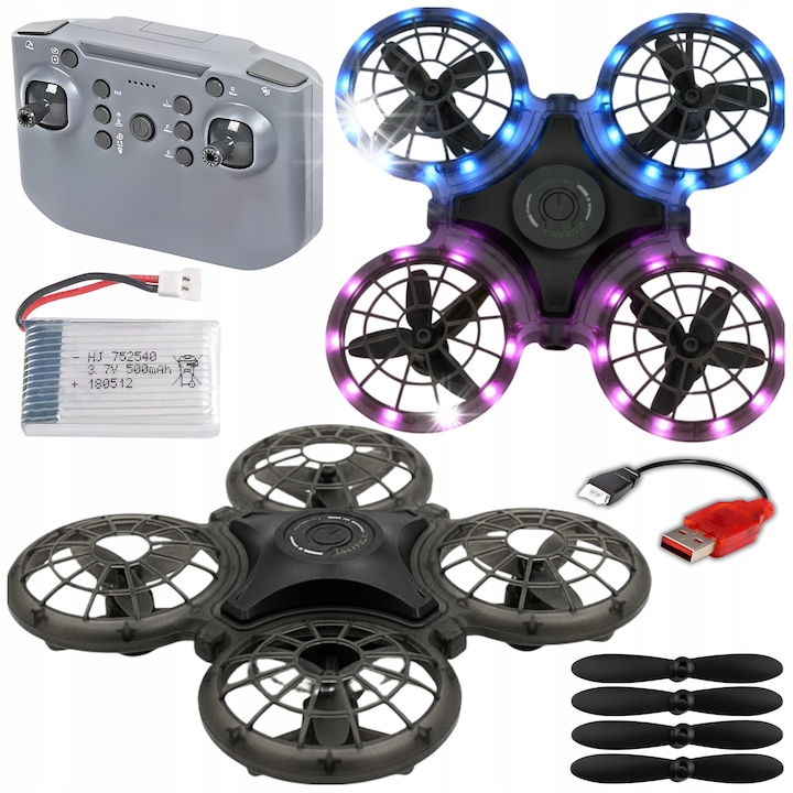 Mini drona 12,5x12,5cm, LED, 360, alb sau negru, set complet cu acumulator si telecomanda