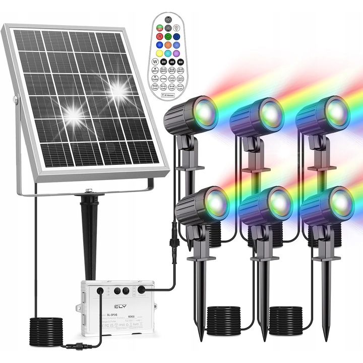 Set 6 Reflectoare Solare RGB, Iluminare Exterioara, 10 Culori, 30 Moduri, IP66, 6000 mAh