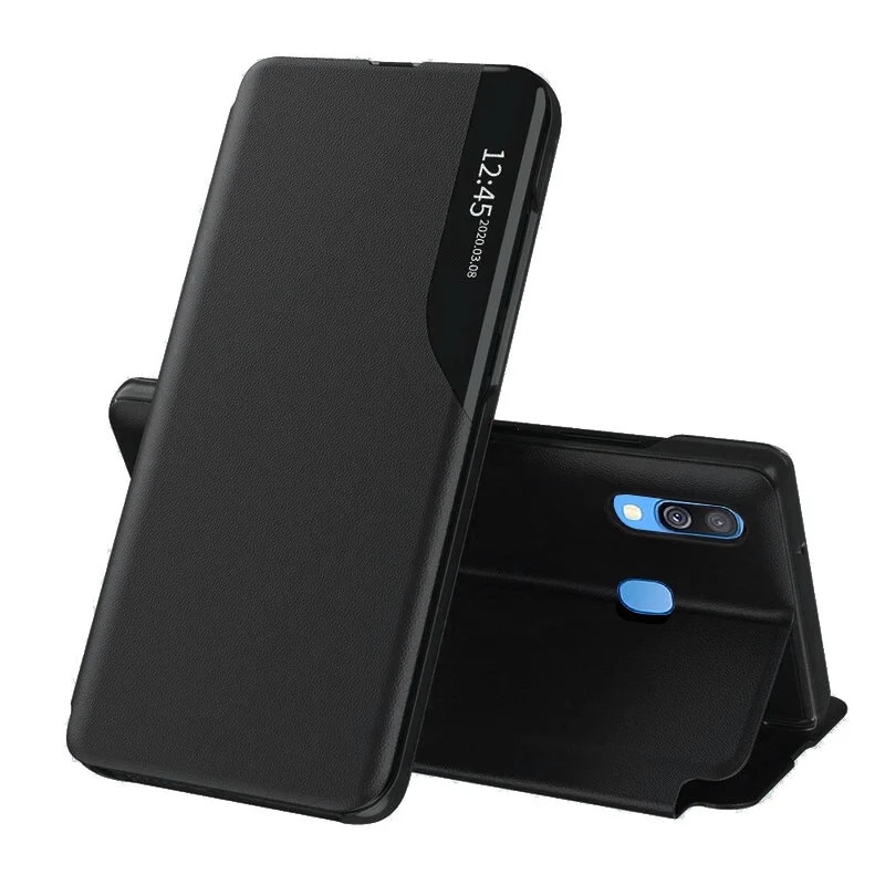 Husa pentru Samsung Galaxy A40, SKYDDAR INNOVATION, eFold, tip carte, set cu sticker, Negru