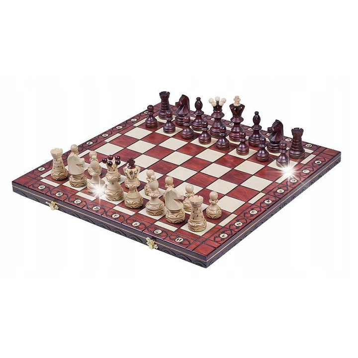 Set sah din lemn cu tabla lacuita, dimensiuni 55x55cm, figuri sculptate, culoare naturala si maro