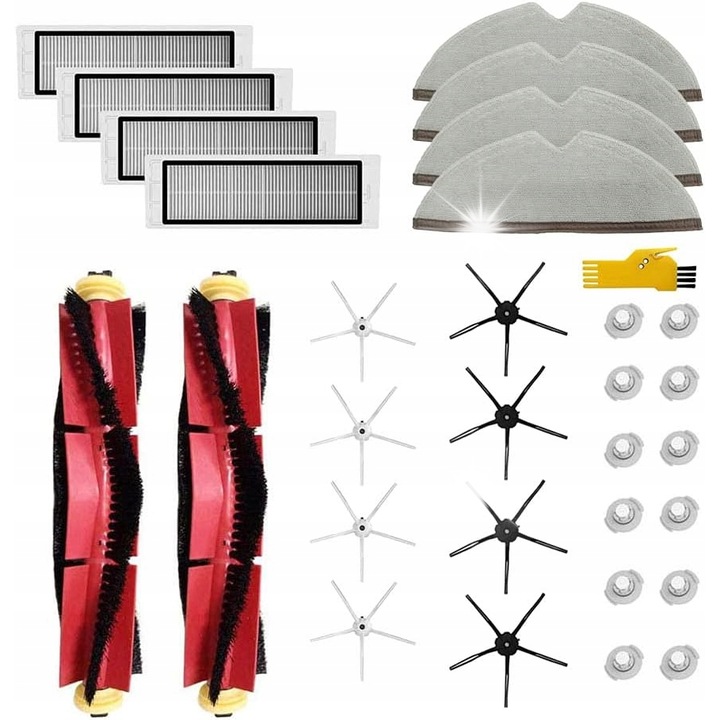Set accesorii pentru robotul de curatare Roborock, 2 perii principale, 4 filtre HEPA, 8 perii laterale, 4 carpe mop, alb-gri-albastru