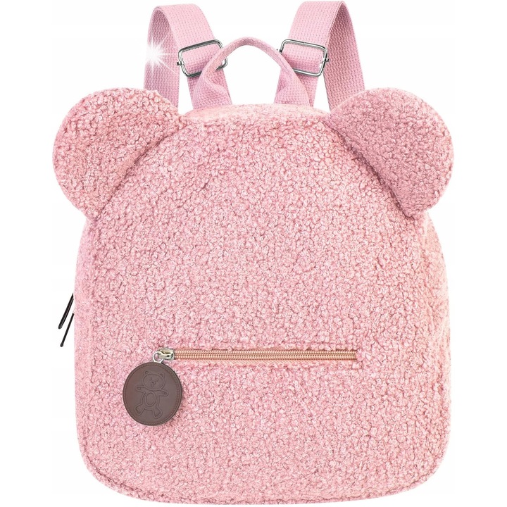 Ghiozdan pentru copii, roz, design animal, dimensiuni 28x27x13cm, material plusat