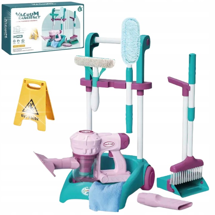 Set de curatenie pentru copii, aspirator roz cu sunete, mop, perie, accesorii, 60cm