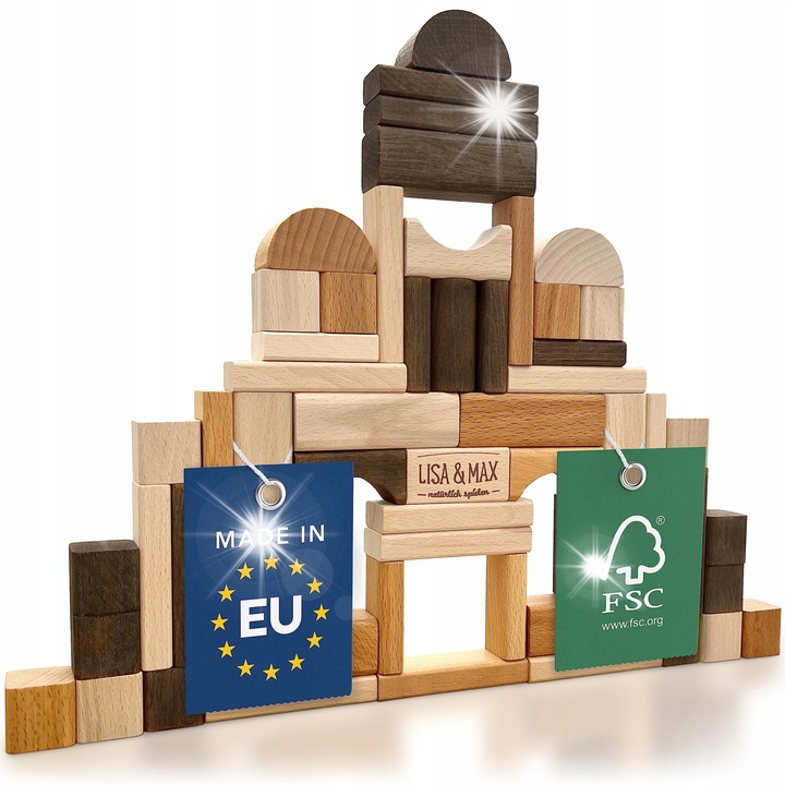 Дървени кубчета за деца, 60 броя, естествени, многоцветни