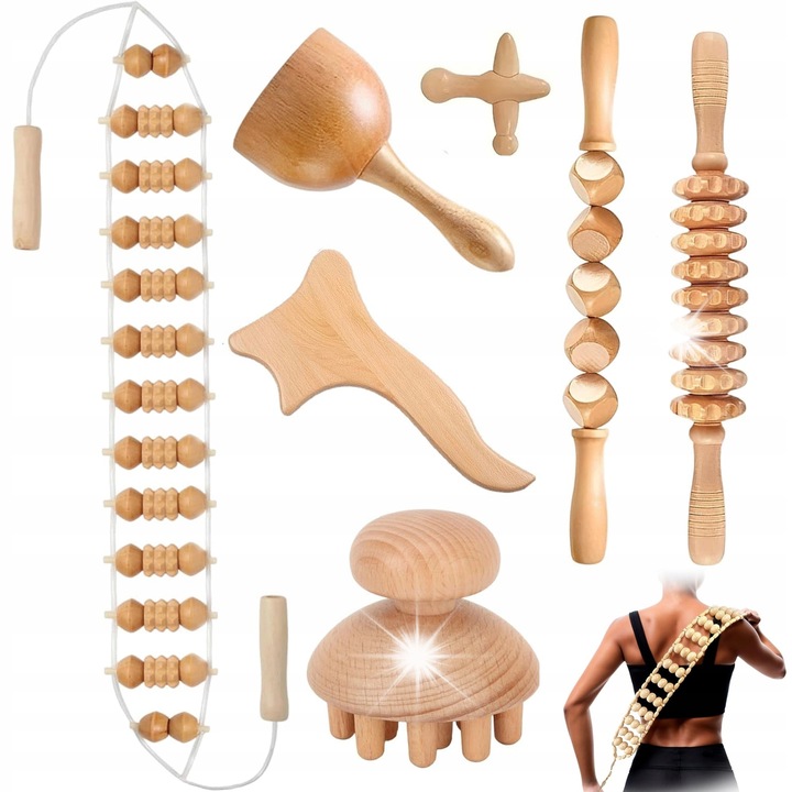 7 darabos fa masszázskészlet, teljes testmasszázs, relaxáció, cellulit elleni, fa szín