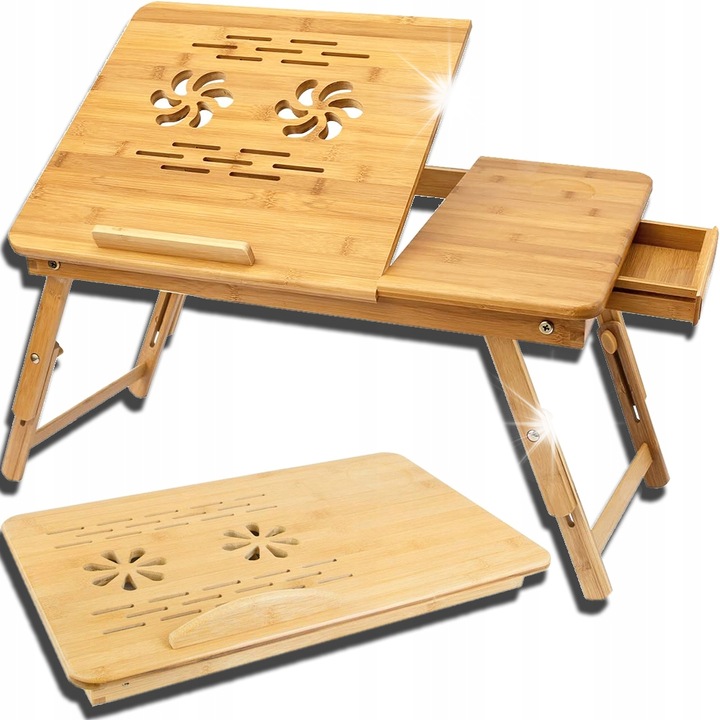 Mesea pliabila pentru laptop si mic dejun, bambus, 55x35x22.8-31cm, cu suport pentru cana si sertar, mobila