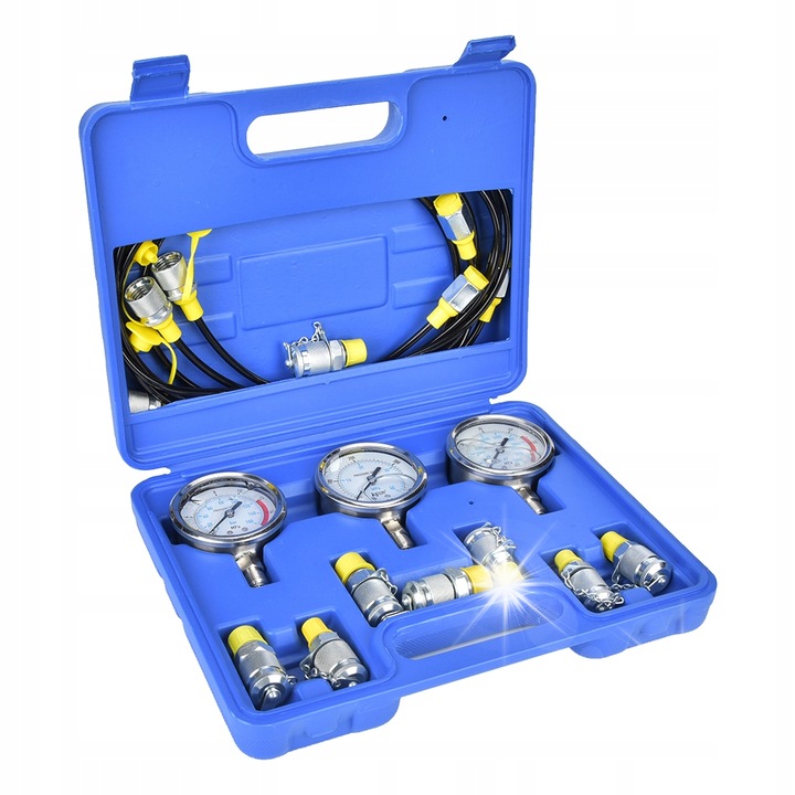 Set de testare a presiunii hidraulice, 3 manometre, 8 conectori, 3 furtunuri, 1,6m, ulei