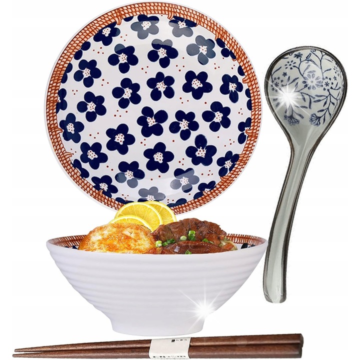 Bol ceramica pentru ramen, set complet cu lingura si betisoare, 1100ml, stil japonez, 20,2x8,2cm