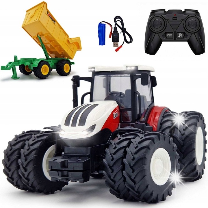 Távirányítós traktor pótkocsival 1:24, LED lámpák, 41,5x15x12cm
