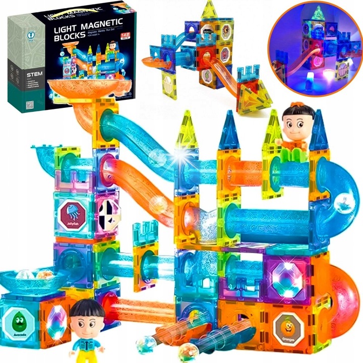 Set de constructie cu 142 elemente magnetice luminoase, culori variate