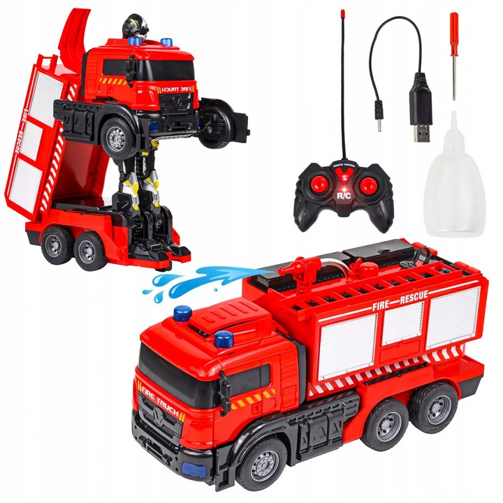 Робот играчка 2 в 1, трансформиращ се пожарен камион, пълен комплект аксесоари, червен