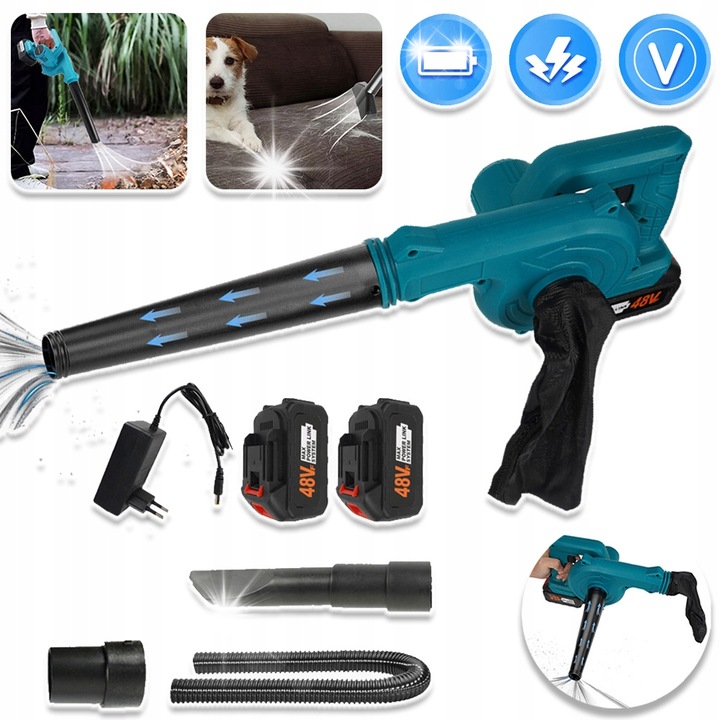 Aspirator electric cu functie de suflare si aspiratie, 48V, 1200mAh, albastru, set complet