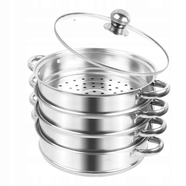 Oala pentru batit cu aburi, din inox, 5 niveluri, capac din sticla, set complet