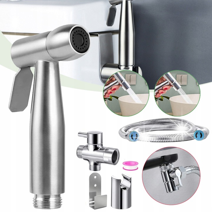 Dus bidet manual din otel inoxidabil, set cu furtun de 150 cm, presiune apa reglabila, montare pe toaleta sau perete, argintiu