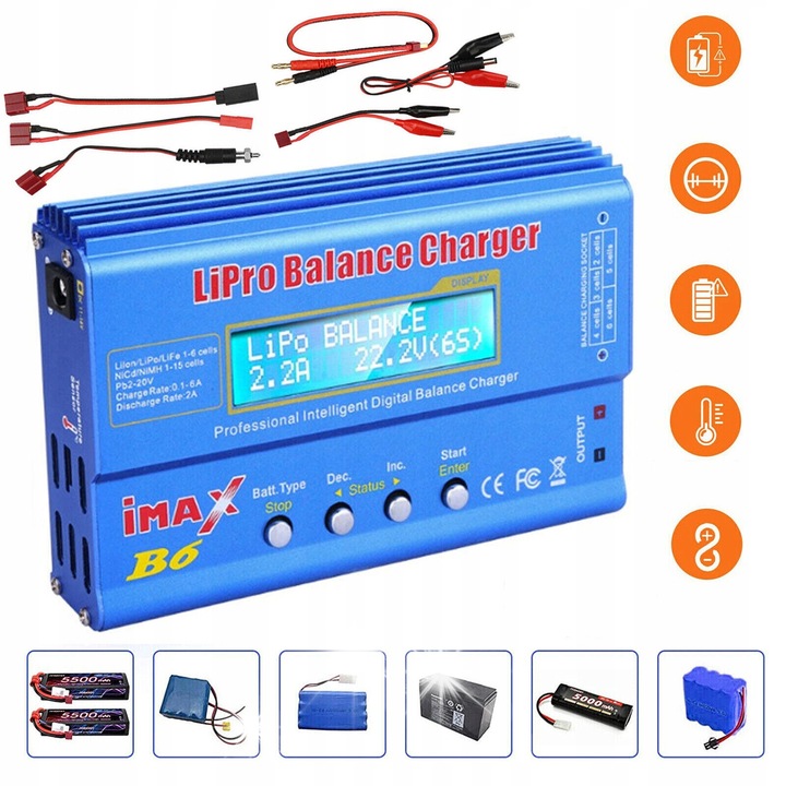 Зарядно устройство IMAX B6, 80W, LCD, балансирано зареждане, 1-6 клетки Li-Ion/LiPo, 1-15 клетки NiCd/NiMH, синьо, пълен комплект